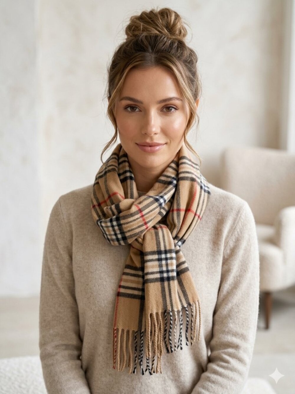 Cashmere Blend Classic Camel Tartan Plaid Scarf Soft Luxury Fringe Old Money